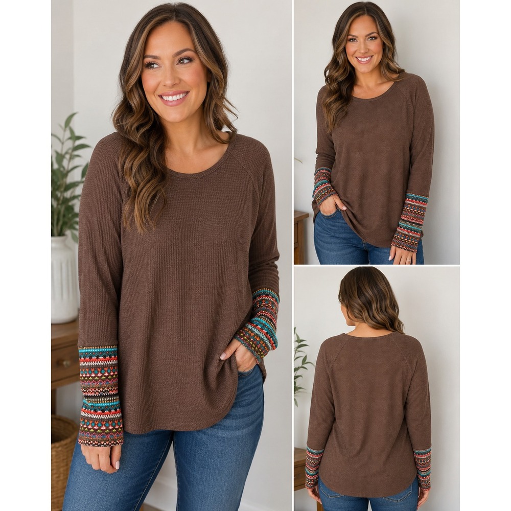Earthbound Trading Co Womens XXL Brown Waffle Thermal Top Fair Isle Cuffs